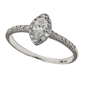 Elegant ring in 18K white gold with a 0.23ct marquise-cut G VS1 solitaire and brilliant cluster diamonds totaling 0.13ct. Sophis