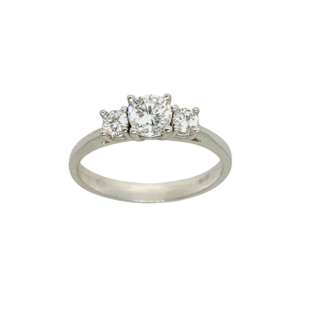 Trilogy ring in 18K white gold featuring lab diamonds: centre stone 0.45ct and sides totalling 0.24ct.