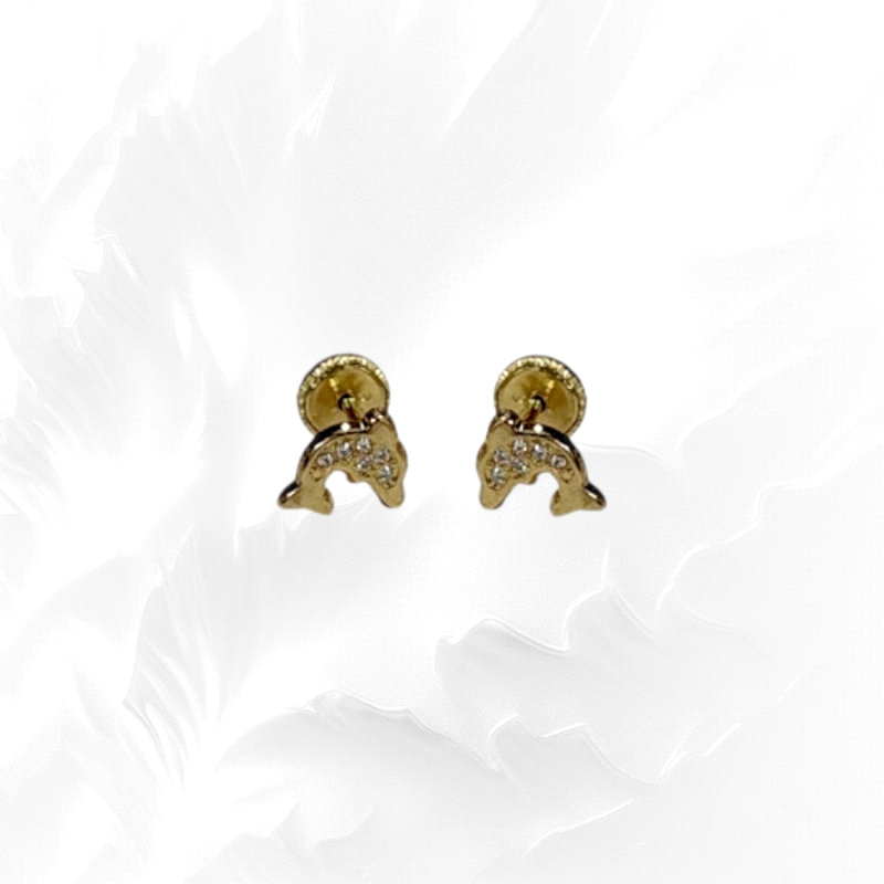 Playful 18K gold earrings with dolphin motif and zircon screw backs. Lightweight, secure and suitable for all.