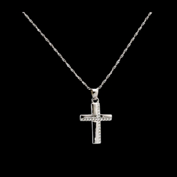 925 silver cross necklace, rhodium plated, with zircon detailing. 18mm pendant, 45cm chain. Subtle shine.