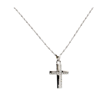 925 silver cross necklace, rhodium plated, with zircon detailing. 18mm pendant, 45cm chain. Subtle shine.