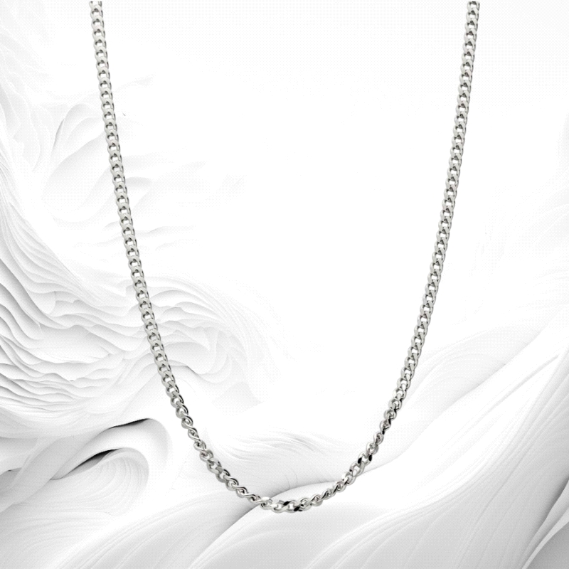 925 silver Cuban chain, 2.12mm width, 45cm length. Rhodium-plated finish for extra shine. Durable, timeless style.