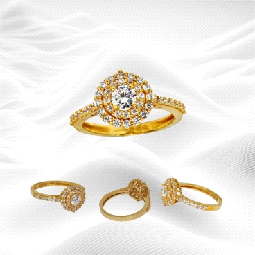 Elegant cluster ring in 18K yellow gold with a brilliant zircon. Lightweight at 3.1g and sized ES 15. Custom sizing available.