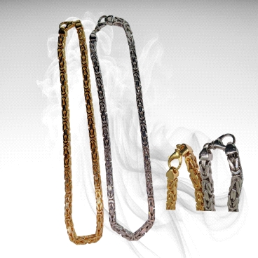 Bold Byzantine chain in silver or gold-plated finish. 60CM length, 8MM width, 220GR weight. A statement piece with timeless text