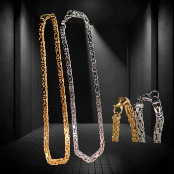Bold Byzantine chain in silver or gold-plated finish. 60CM length, 8MM width, 220GR weight. A statement piece with timeless text