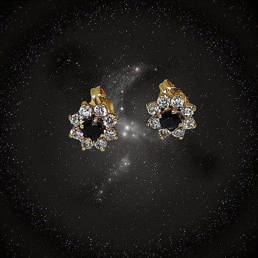 18K Gold Stud Earrings – Simulated Sapphire Center – Zirconia Cluster