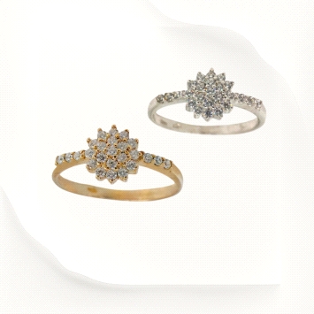 Floral cluster ring in 9K gold with zirconias along the band. Available in white or yellow gold. Price shown is for one ring.