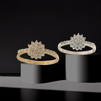 Floral cluster ring in 9K gold with zirconias along the band. Available in white or yellow gold. Price shown is for one ring.