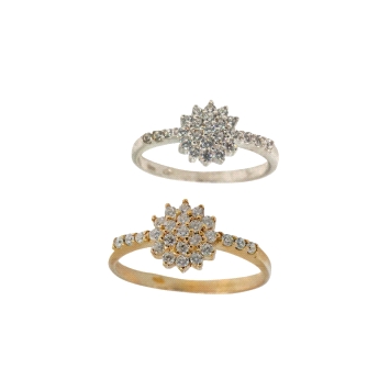 Floral cluster ring in 9K gold with zirconias along the band. Available in white or yellow gold. Price shown is for one ring.