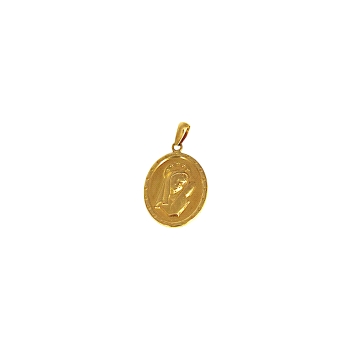 18K gold pendant featuring Virgen Niña in classic devotional style. Weight: 1.4g. Elegant and symbolic.