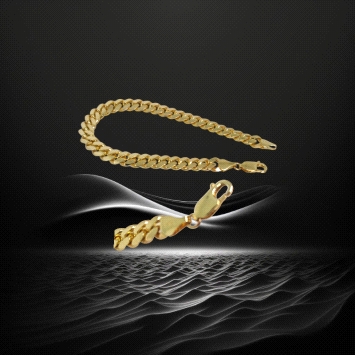 9K yellow gold bracelet with closed curb chain. 5mm wide, 21cm long, 22.59g.