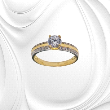 9K yellow gold ring with central zircon and dual-row accent stones. Weight: 1.98g.