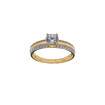 9K yellow gold ring with central zircon and dual-row accent stones. Weight: 1.98g.