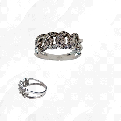 9K White Gold Chain-Link Ring with Zircon – 4.3g
