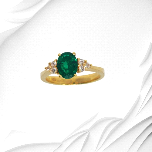 18K Yellow Gold Ring – Oval Emerald with Six Diamonds – 1.21ct + 0.15ct